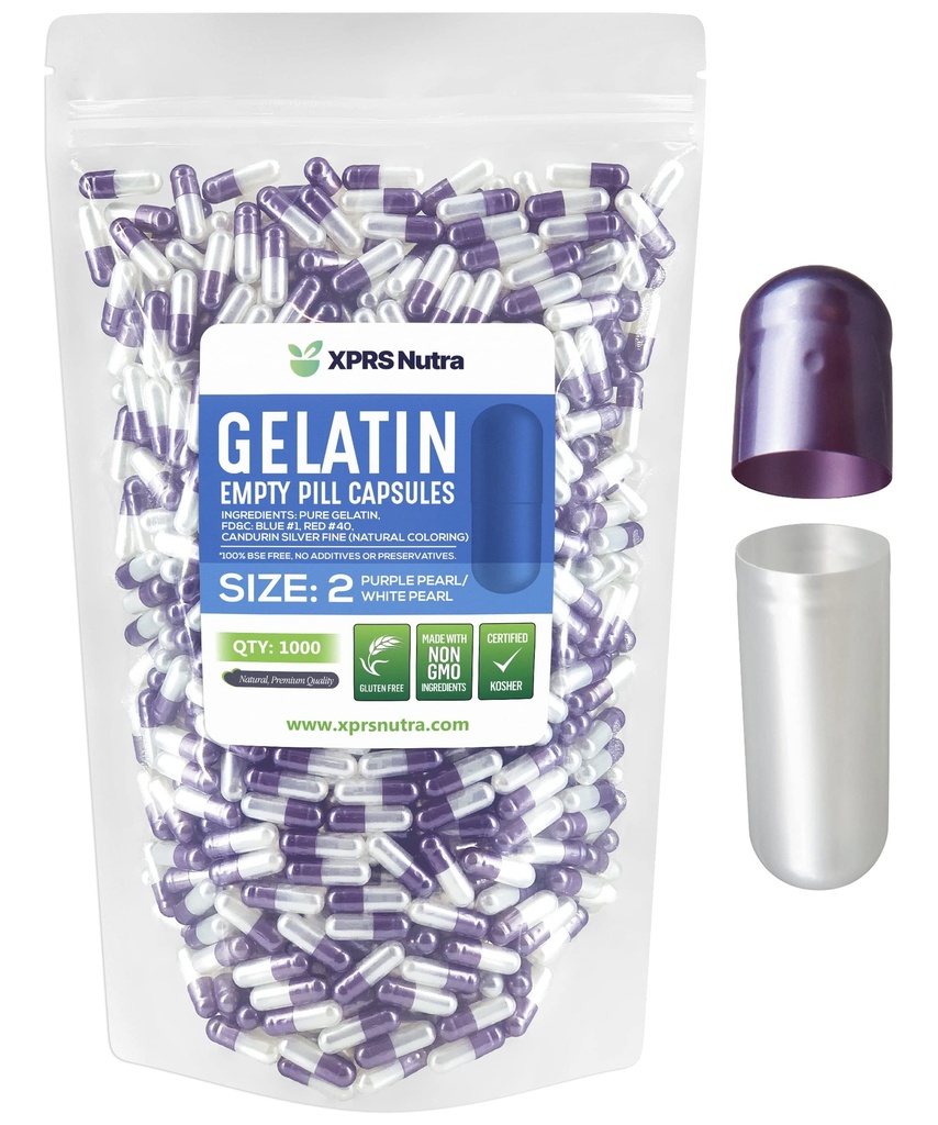 XPRS Nutra Størrelse 2 Tomme kapsler - 1000 Tomme Gelatine kapsler - Piller gør det - Pure Bovin Pill Gel Caps til Do- It- Yourself Kosttilskud (Pearl Purple / White)