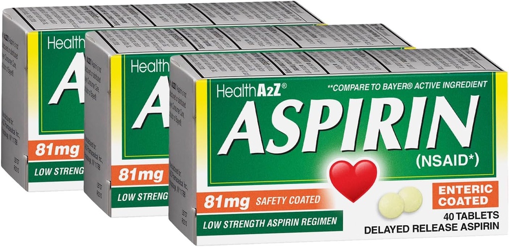 HealthA2Z ® Aspirin 81 mg 1 124; Lav styrke 1 124; Enteric Coated 1 124; Pain Relief 1 124; Reducerer mindre Aches Muskelsmerter & kramper 1 124; Feber Reducer 1 124; Reducerer hovedpine (40 tællinger (pakning med 3))