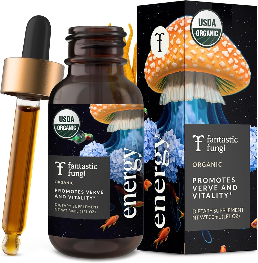 Fantastic Fungi Cordyceps Mushroom Tincture Drops - 4-in-1 Stress Support & Energy Elixir med Ginseng, Tyrkiet Tail & Rhodiola - Økologisk Mushroom Udtræk Væske, 30 Servering, 1 fl oz