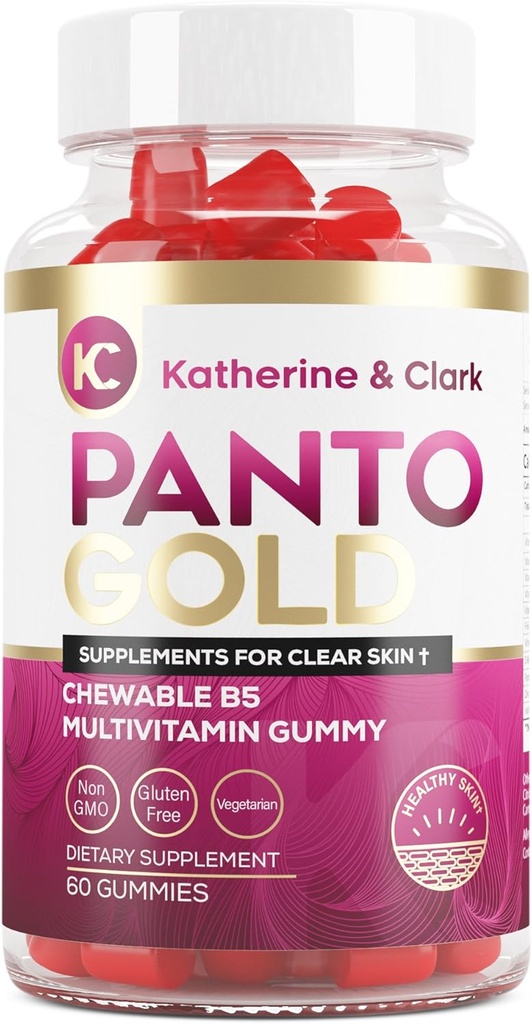 Katherine & Clark Panto Gold Vitamin B5 Pantothensyre Gummies for Acne - Hår hud og negle Gummies - Biotin, zink, Folsyre Chewable Non- GMO Gluten- Gratis for krop - Fedtet hud Gummies - 60 Greve