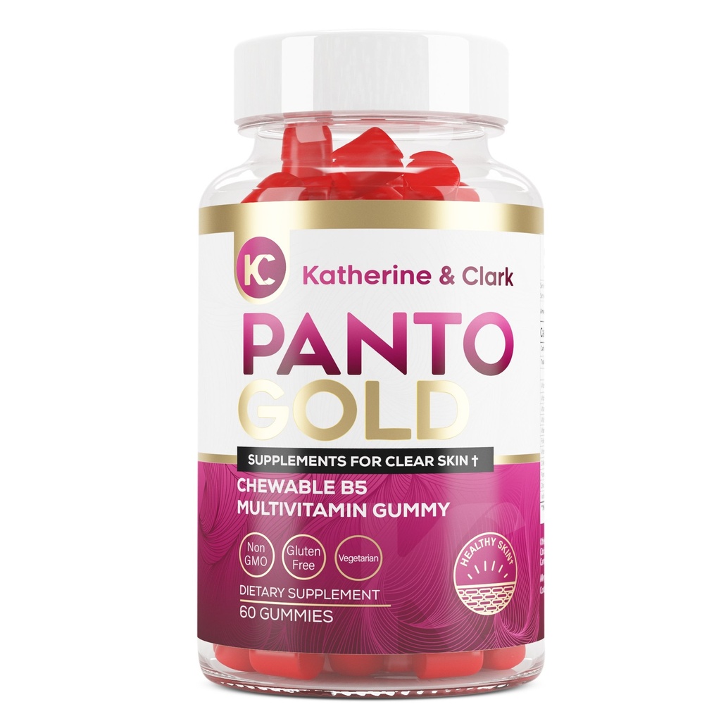 Katherine & Clark Panto Gold Vitamin B5 Pantothensyre Gummies for Acne - Hår hud og negle Gummies - Biotin, zink, Folsyre Chewable Non- GMO Gluten- Gratis for krop - Fedtet hud Gummies - 60 Greve