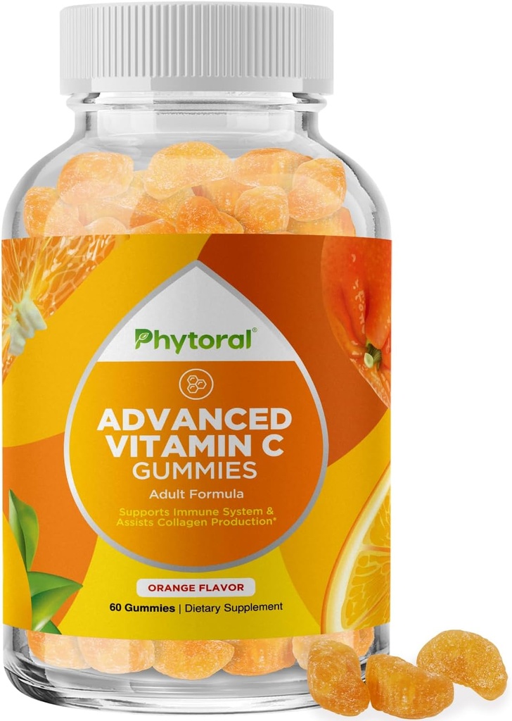Phytoral Natural Vitamin C Gummies for voksne - High Potency Vitamin C immunsupport Gummies - Ascorbic Acid Chewable immunbooster for voksne med kraftfulde hjernens vitaminer kosttilskud