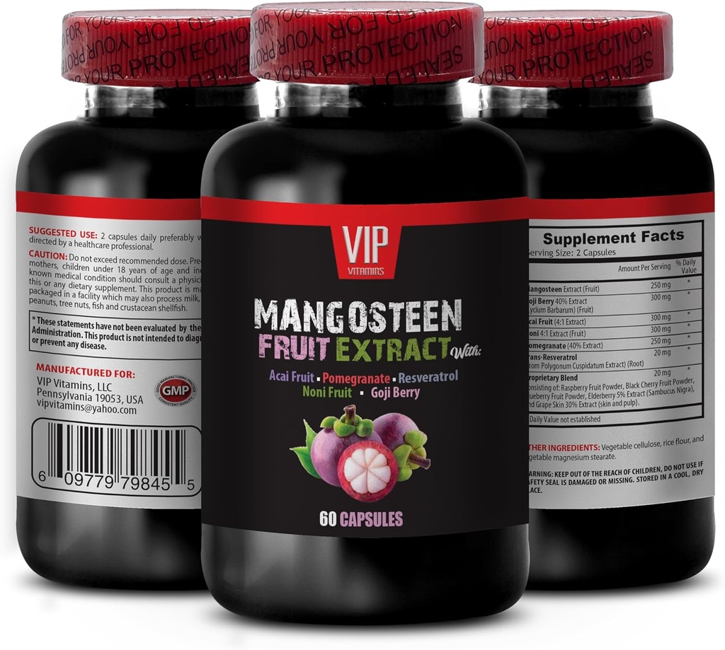 VIP VITAMINS Mangosteen, Mangosteen Extract - Mangosteen Fruit Extract - Acai Berry, Goji Berry, Pomegranat, Noni, Trans- Resveratrol, Elderberry Fruit, Grape Skin - 1 flaske 60 kapsler