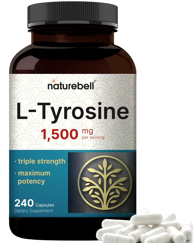 L Tyrosin Supplement, 1.500mg per servering, 240 Kapsler; essentielle aminosyrer - Brain Health Support for Memory, Kognitiv Sundhed, og Mental Alerness - Non-GMO