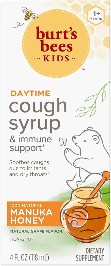 Burt's Bees Kids Daytime Cough Syrup and Immune Support, Natural Grape Flavor, Dietary Supplement, 4 Fl Oz