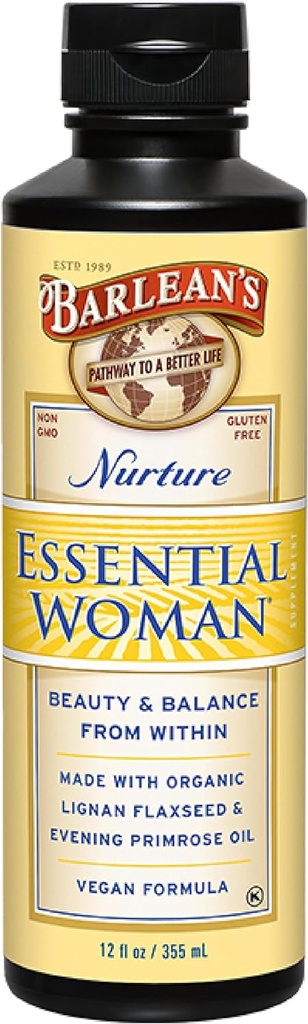 Barlean 's Essential Woman Liquid Supplement for kvinder, Organic Flaxseed and Aften Primrose Oil for Sund Hår, Nails and Skin, Omega 3 6 9 og GLA, 12 oz