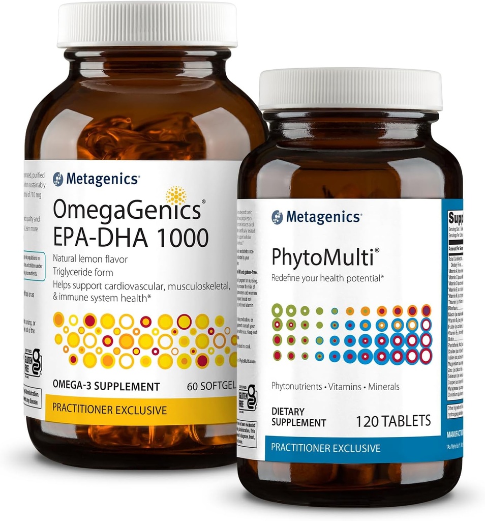 Metagenics Essential Wellness Duo: OmegaGenics EPA-DHA 10000 & PhytoMulti Without Iron - Daily Multivitamin for Overall Health & Aging - 60 Tablets