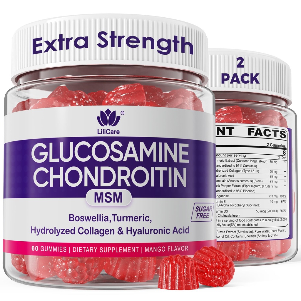 Glucosamin Chondroitin Gummies, Sugar Free Glucosamin Chondroitin MSM Supplement, Ekstra styrke med Boswellia gurkemeje, Hydrolyzed Collagen & Hyaluronic Acid, Knoglesundhed for mænd og kvinder, 120 Cts