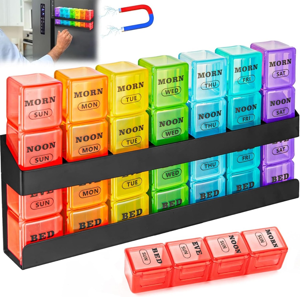 Pill Organizer 4-Times a Day: Weekly Pill Box 7 Day with Magnetic Shelf - Large Compartments Pill Case - Removable Medication Organizer Dispenser for Fish Oils Vitamin Holder Supplement (Rainbow)