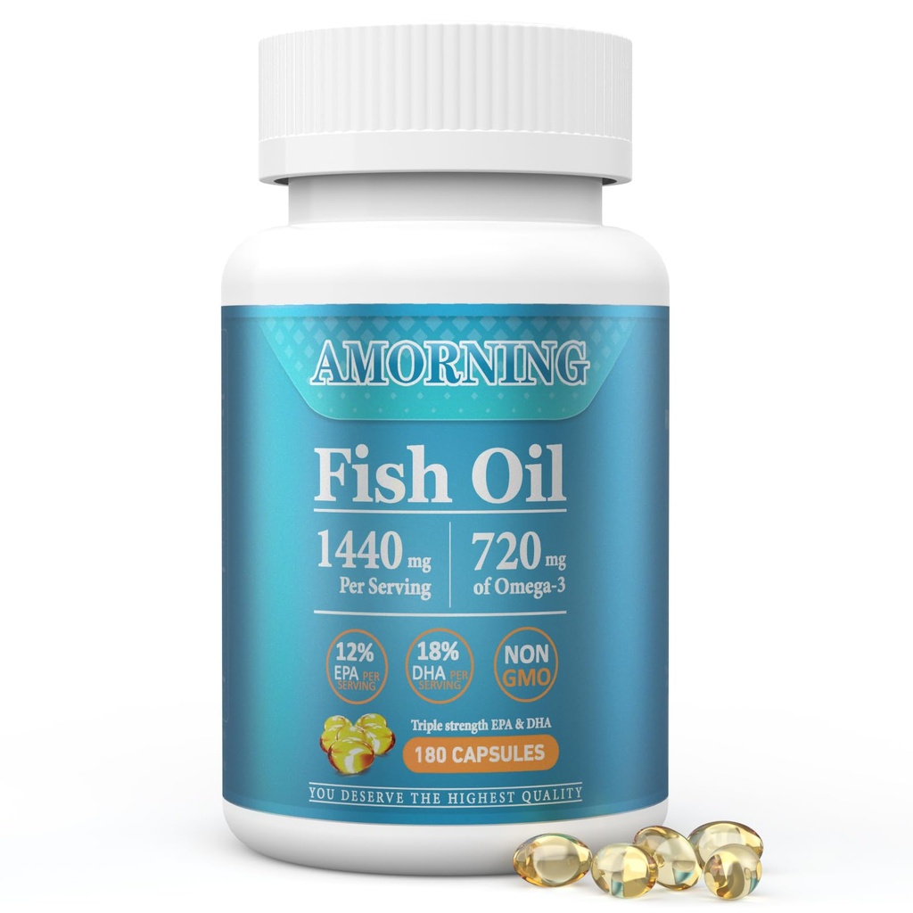 Fish- Oil Omega3- Fedtsyre- Supplement Small- Softgels - 180Count 1440mg for Sund Heart Brain Eyes Support High EPA DHA Let at synke