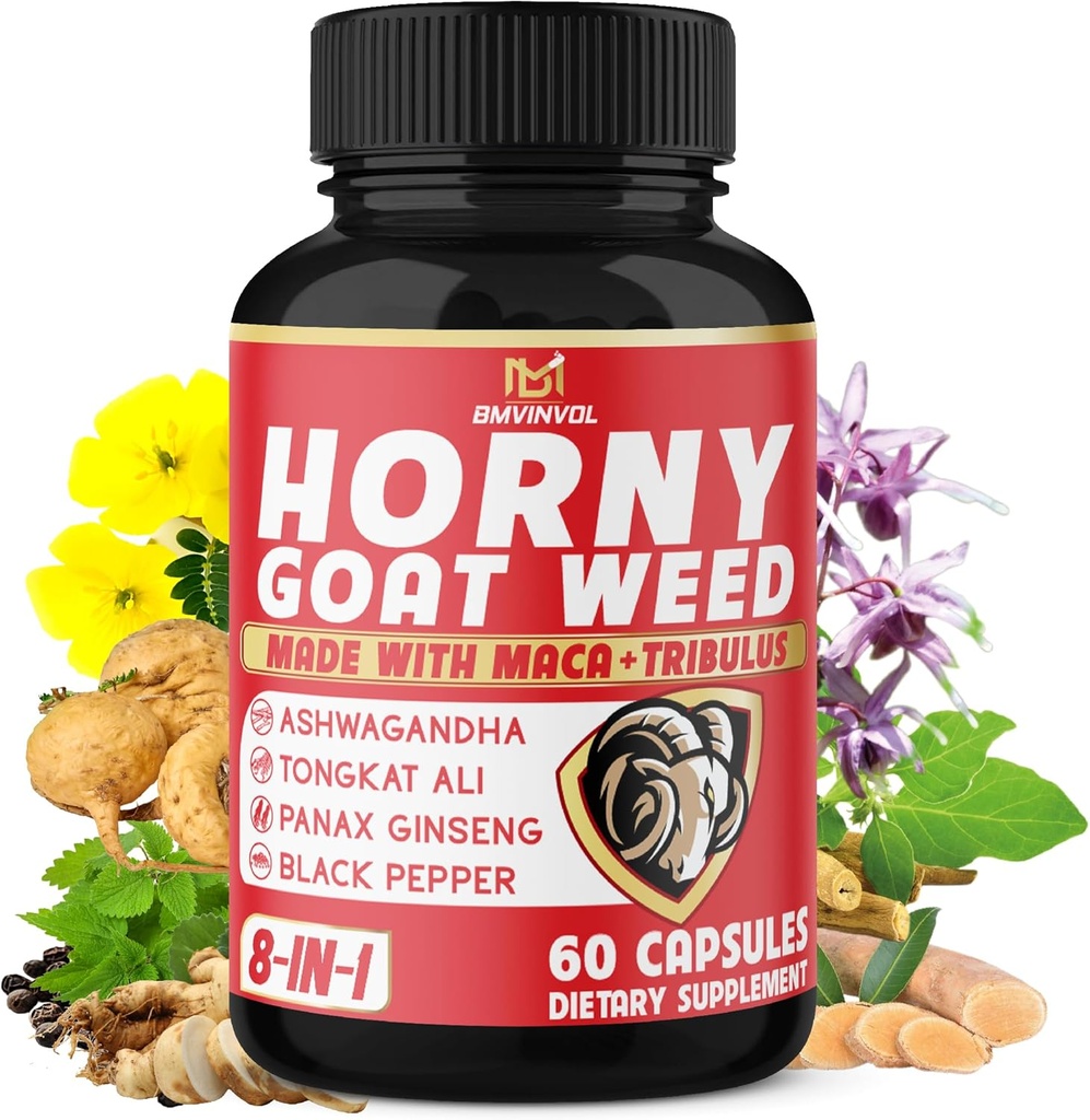 BMVINVOL Horny Goat Weed Kapsler med Tribulus, Ginseng, Ashwagandha, Maca, Tongkat Ali, Nettle, Black Pepper - 60 Greve