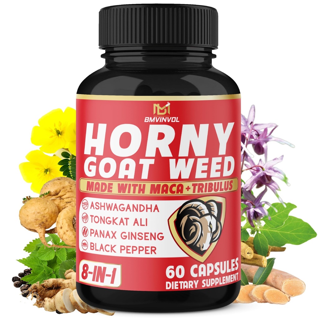 BMVINVOL Horny Goat Weed Kapsler med Tribulus, Ginseng, Ashwagandha, Maca, Tongkat Ali, Nettle, Black Pepper - 60 Greve