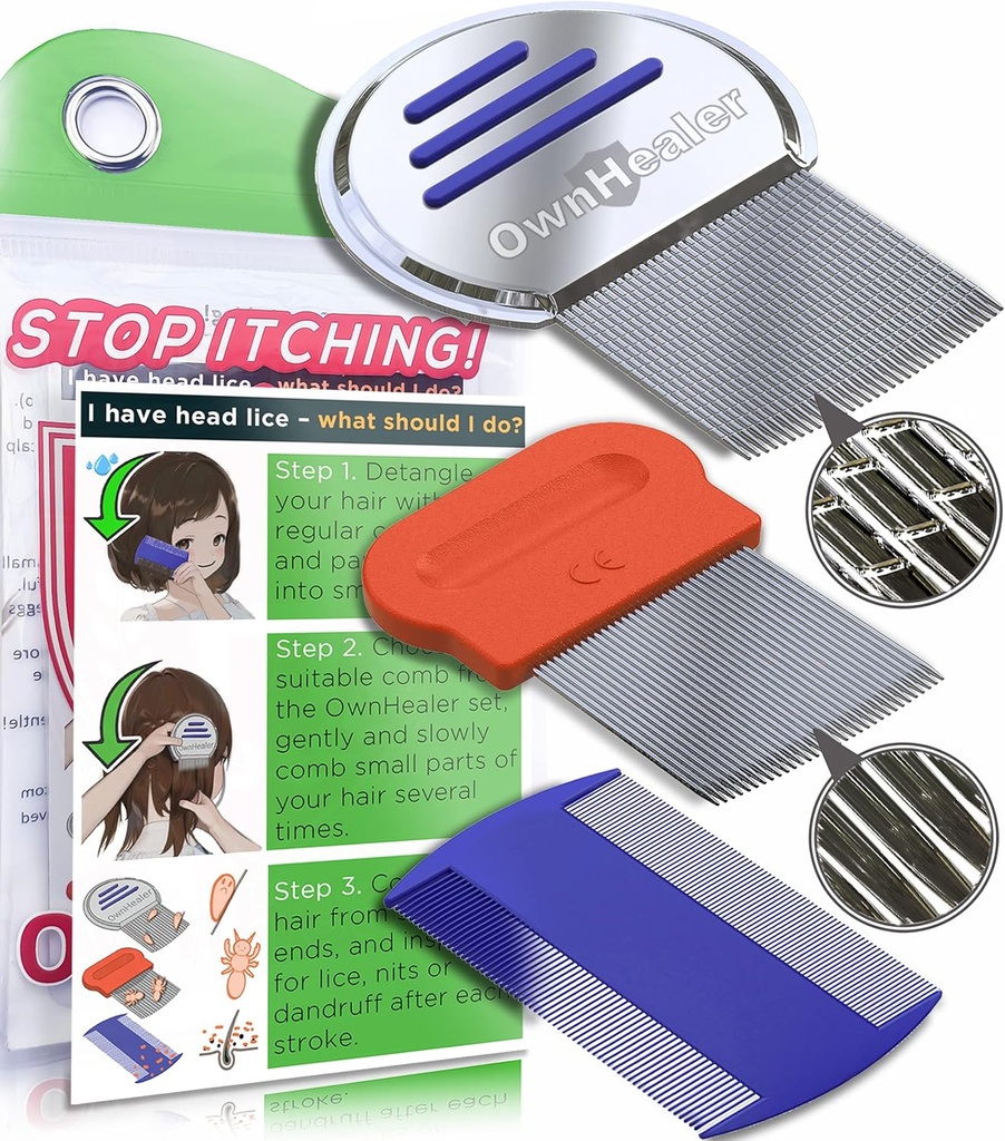 OWNINIER Professional Lice Comb Kit - for Lice, Nits og Dandruff Removal. Hurtige resultater for hoved lus behandling - Egnet til alle hårtyper. Peine para piojos y liendres.