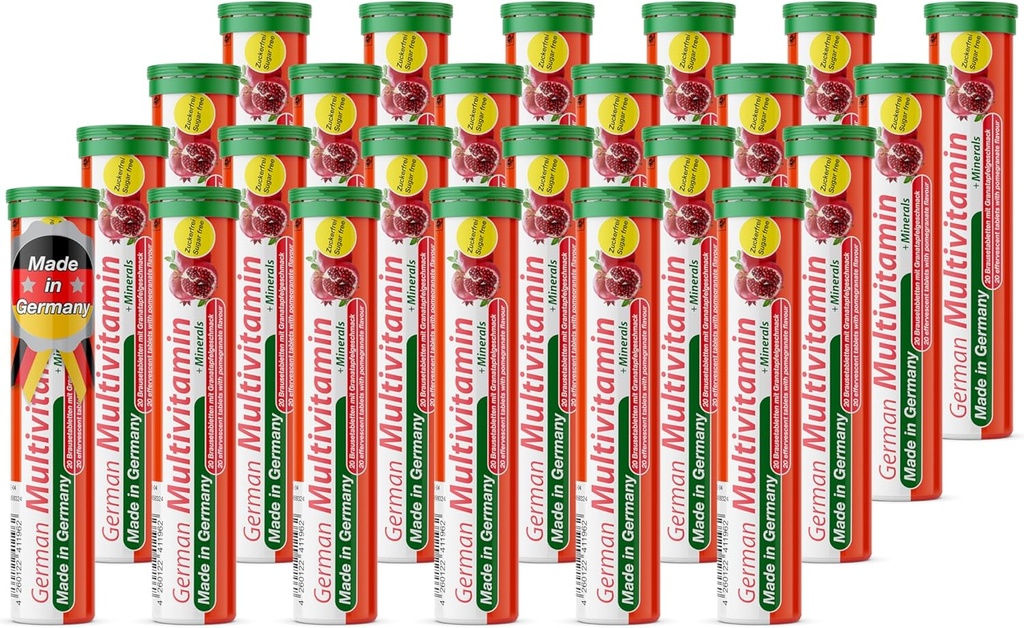Tysk Multvitamin + Minerals 10 Vitaminer 2 Minerals - 480 Vegansk drik Effervescent tabletter - Pomegranat Flavor - Made in Germany