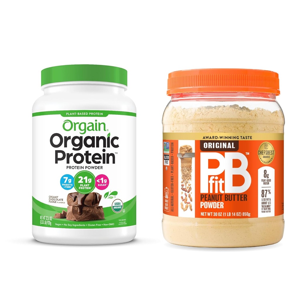 Orgain Organic Vegan Protein Powder, Chocolate Fudge 2 lbs + PBfit Original 30 oz