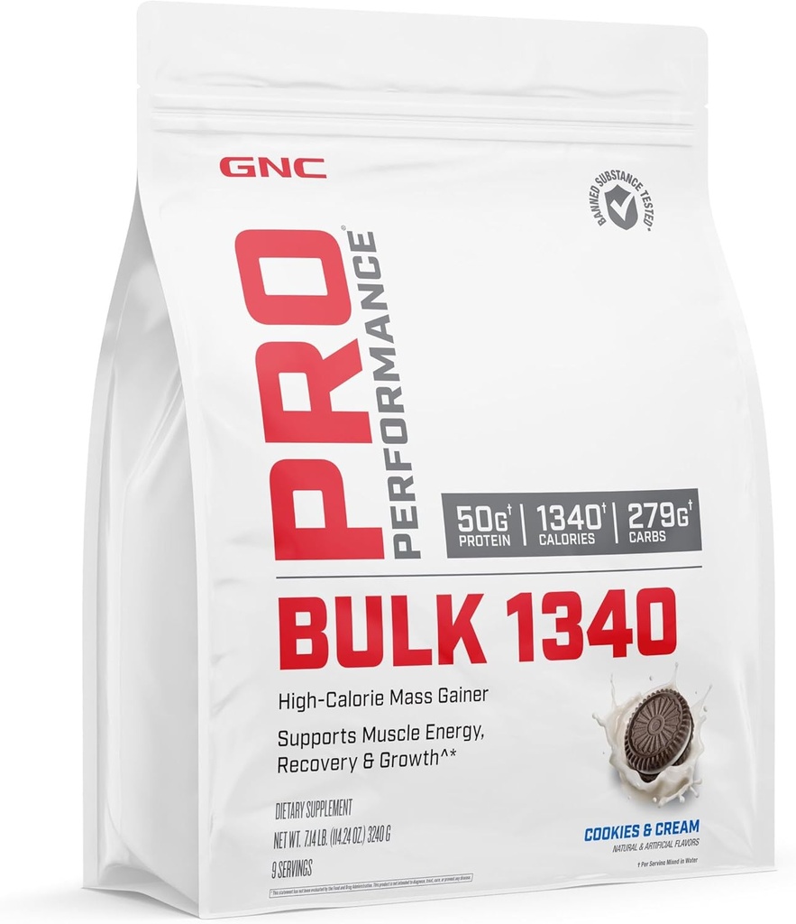 GNC Pro Performance Bulk 1340 Mass Gainer Protein Powder, 50g, Gluten Free, Whey, Creatin, BCAA, 3. part testet, Muscle Recovery & Growth, Mikronæringsstoffer, Cookies og Cream, 9 Servere