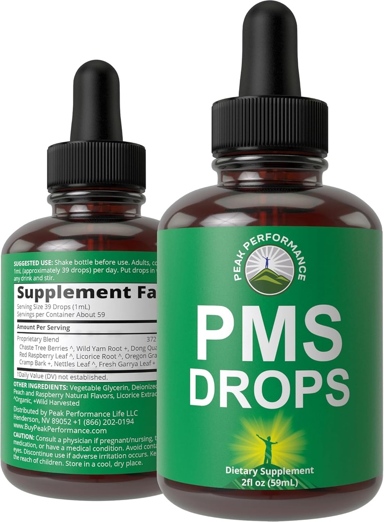 PMS Relief 9-in-1 flydende dråber supplement. 9 planteingredienser til støtte periode kramper smerte for kvinder. Vegansk, Zero Sugar Vitamin med Organic Chaste Tree Berries, Cramp Bark, Yam Root, Nettle Leaf