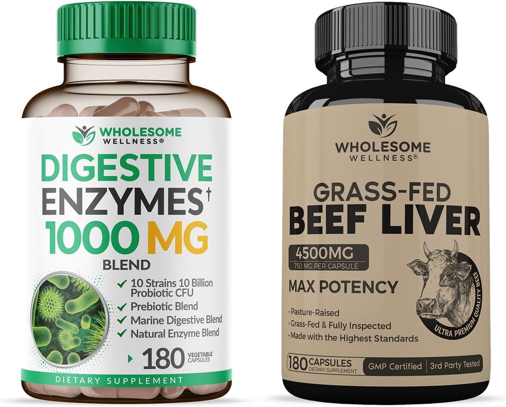 Groundome Wellness Digestive Enzymes 1000MG Plus Prebiotika & Probiotika + Græs Fed Desickeret Oksekød Lever Kapsler Bundle