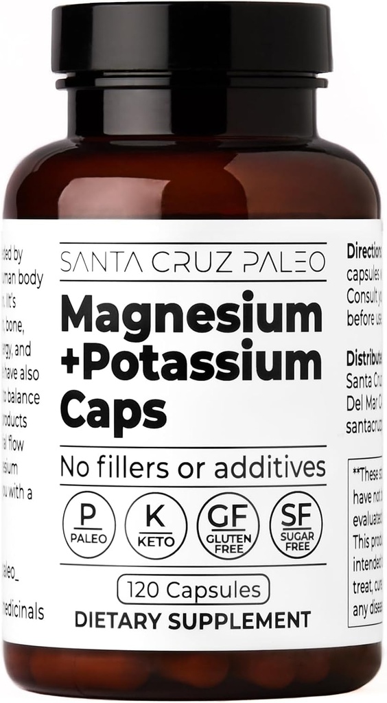 Santa Cruz Paleo Magnesium Kaliumkapsler, 120 kapsler, Magnesium Glycinat og Kalium Citrat, Gluten Free, Keto, Sukker Free, Paleo, For samlet sundhed, hjerne, muskel, ben og energistøtte.