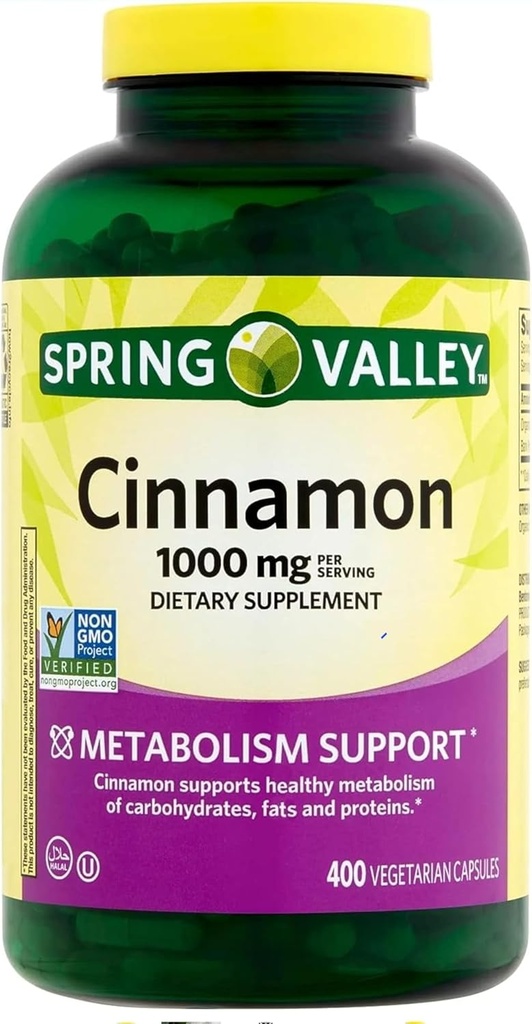 Spring Valley kanel Supplement 1000mg, 400 vegetariske kapsler, Indeholder Cassia, Ikke Ceylon. Urtetilskud til general Wellness. Luall Formand