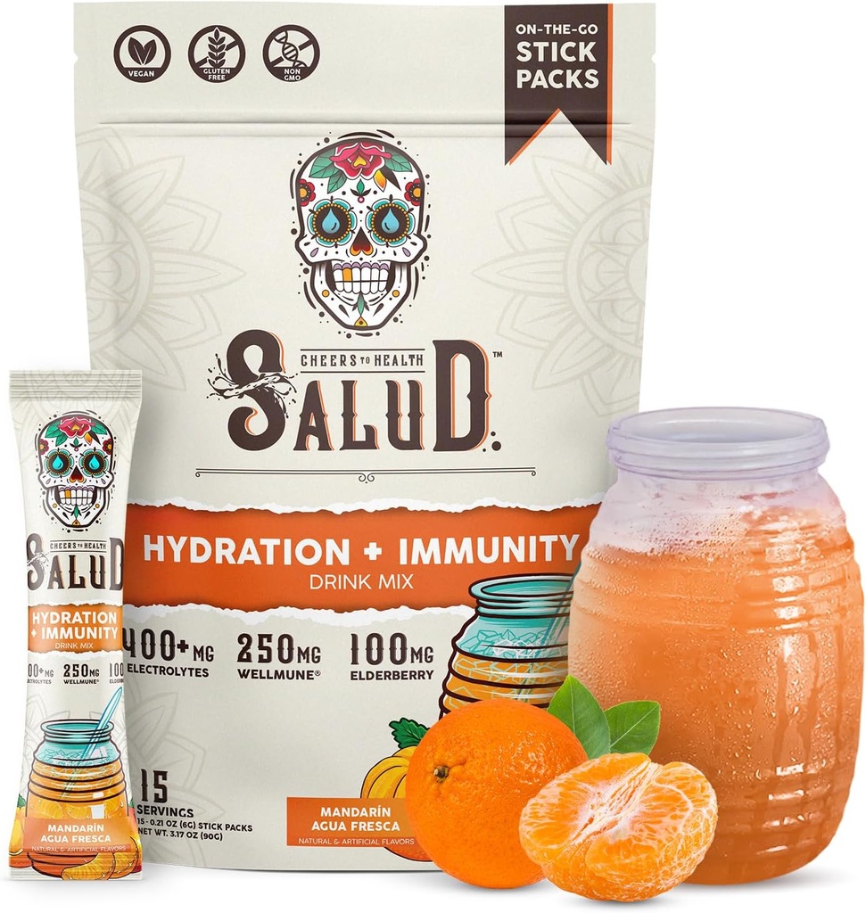 Salud 2-in-1 Hydration Packets + Immunity Electrolytes Powder, Mandarin - Agua Fresca Drink Mix, Elderberry, Dairy & Soy Free, Non-GMO, Gluten Free, Vegan, Low Calorie, 1g Sugar (15 Servings)