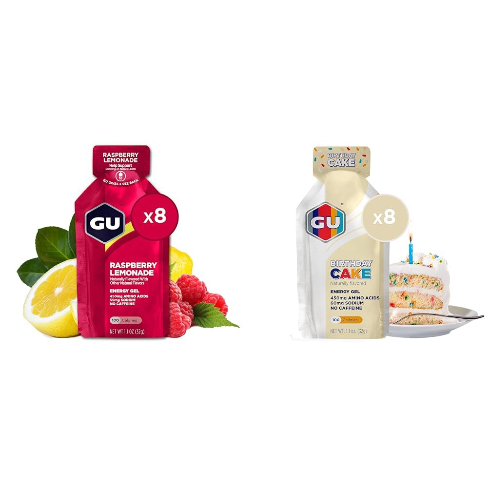 GU Energy Gel 8- Greve Raspberry Lemonade og Fødselsdag Kage Sport Nutrition Energy Gel Bundle