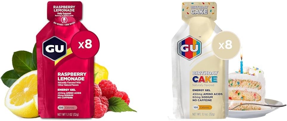 GU Energy Gel 8- Greve Raspberry Lemonade og Fødselsdag Kage Sport Nutrition Energy Gel Bundle