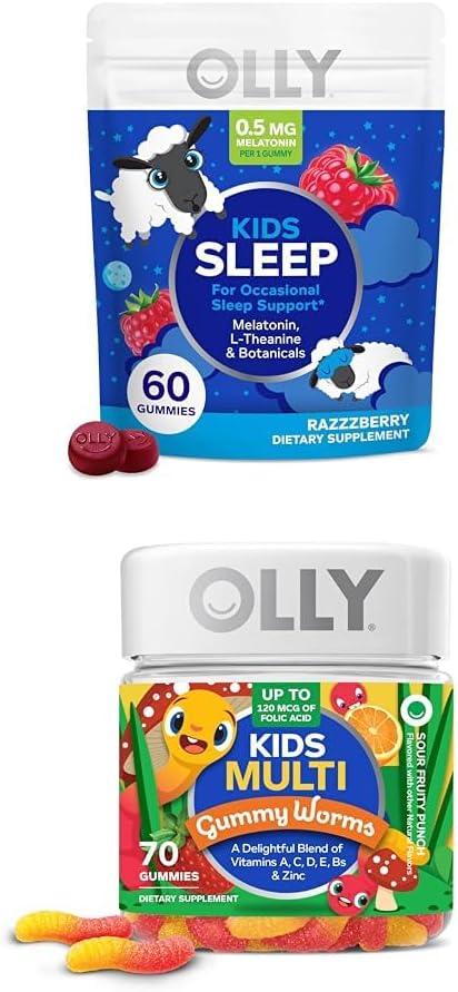 OLLY Kids Sleep Gummy, Melatonin, L Theanine, Kamille, 60 Greve og børn Multivitamin Gummy Worms, Vitaminer A C D E Bs Zink, 70 Greve