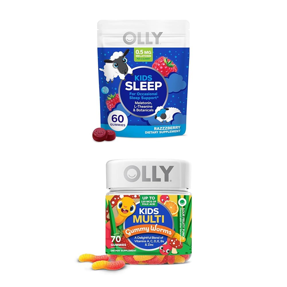 OLLY Kids Sleep Gummy, Melatonin, L Theanine, Kamille, 60 Greve og børn Multivitamin Gummy Worms, Vitaminer A C D E Bs Zink, 70 Greve