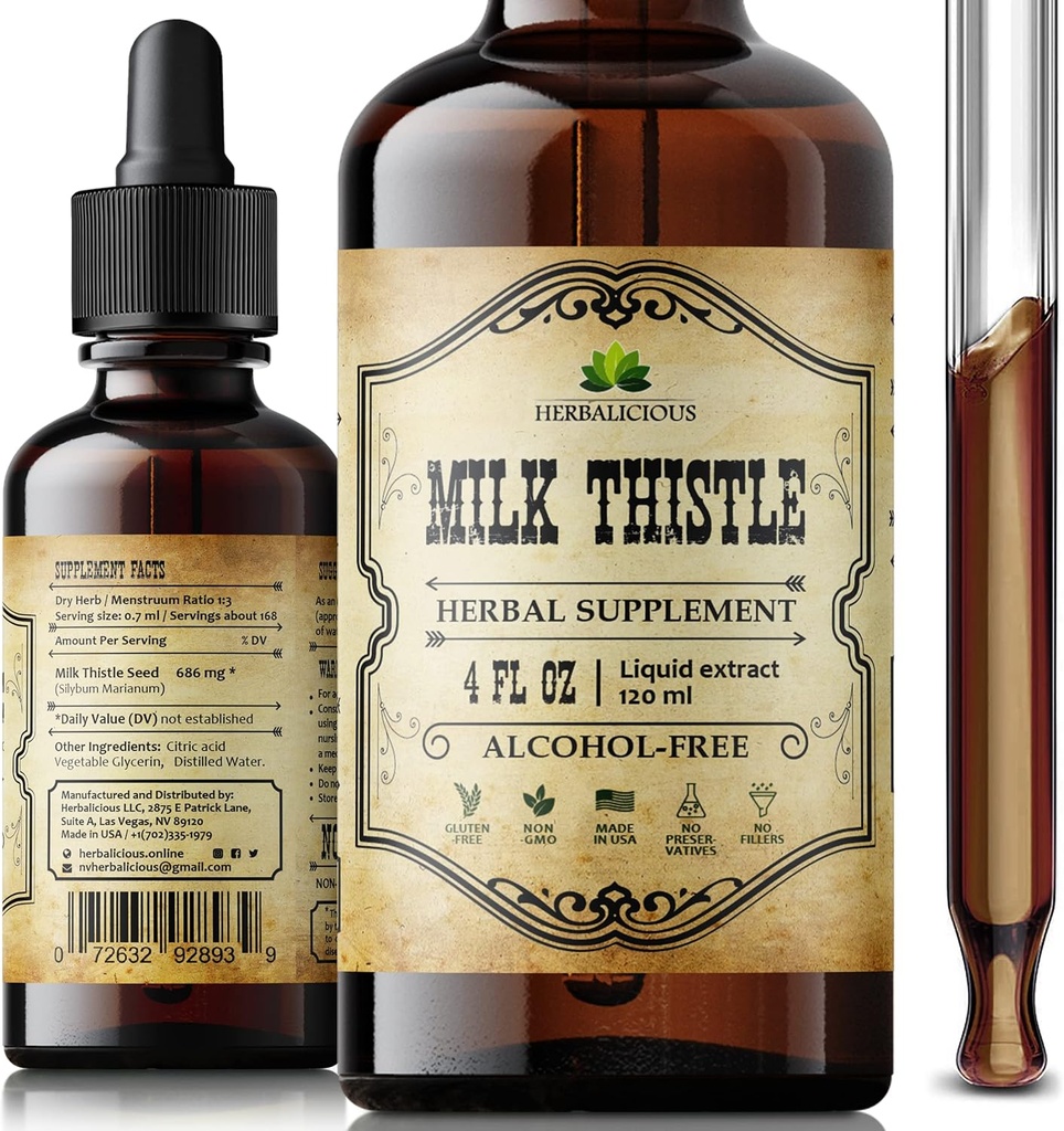 Mælk Thistle Lever Detox - All- Natural Silymarin Extract for lever rense, immunforsvar & hudsundhed - Urte Milk Thistle Supplement - 4 fl oz