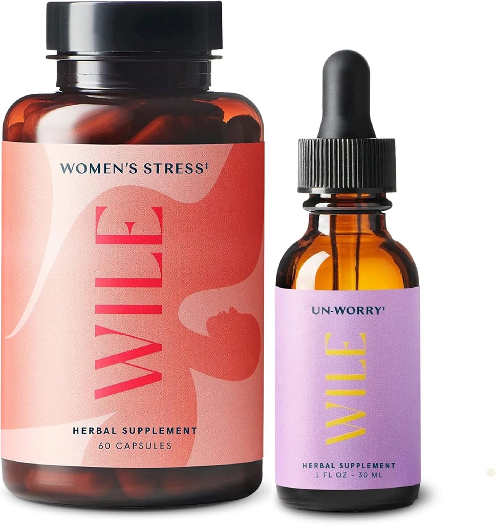 Wil kvinders stress Relief Supplement & Un- Worry Drops, 2- Pack, Mood Support til kvinder, (1) Flaske Urtetilskud 60 Kapsler & (1) Stress Relief Tinktur, 1fl oz