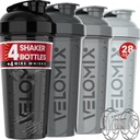 VELOMIX -4 Pack- 28 oz Protein Shaker Flasker til Protein Mixes - 4x Wire Whisk - 124; Læbe Bevis Shaker Cups til Protein Shakes - 124; Protein Shaker Flaske Pack (Sølv Mix)