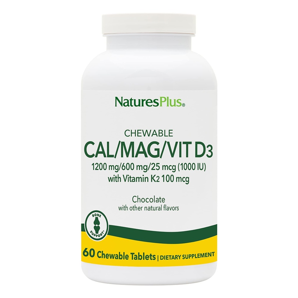 NaturesPlus Cal / Mag / VIT D3 med vitamin K2-60 tyggetabletter - Chokolade Flavor - Calcium, Magnesium, D3- vitamin & K2 Knoglereservice supplement - 30 Servere