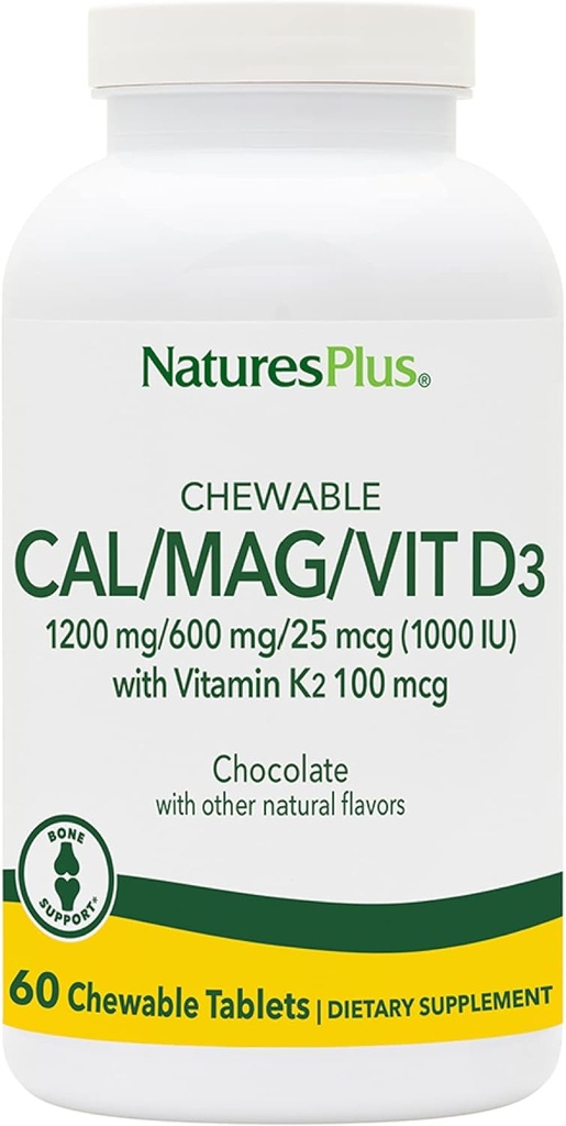 NaturesPlus Cal / Mag / VIT D3 med vitamin K2-60 tyggetabletter - Chokolade Flavor - Calcium, Magnesium, D3- vitamin & K2 Knoglereservice supplement - 30 Servere