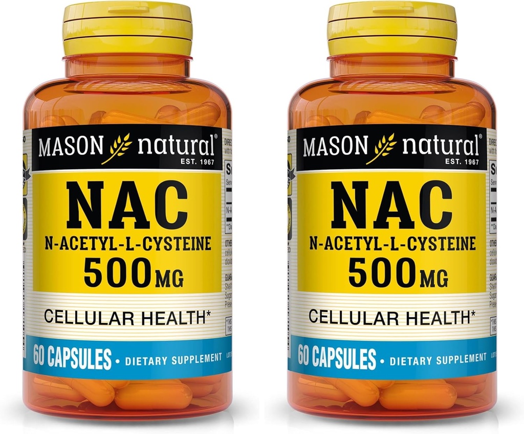 MASON NATURAL NAC N- Acetyl L- Cysteine 500 mg - Understøtter cellulær sundhed, immunsystem booster, for General Wellness, 60 kapsler (pakke med 2)