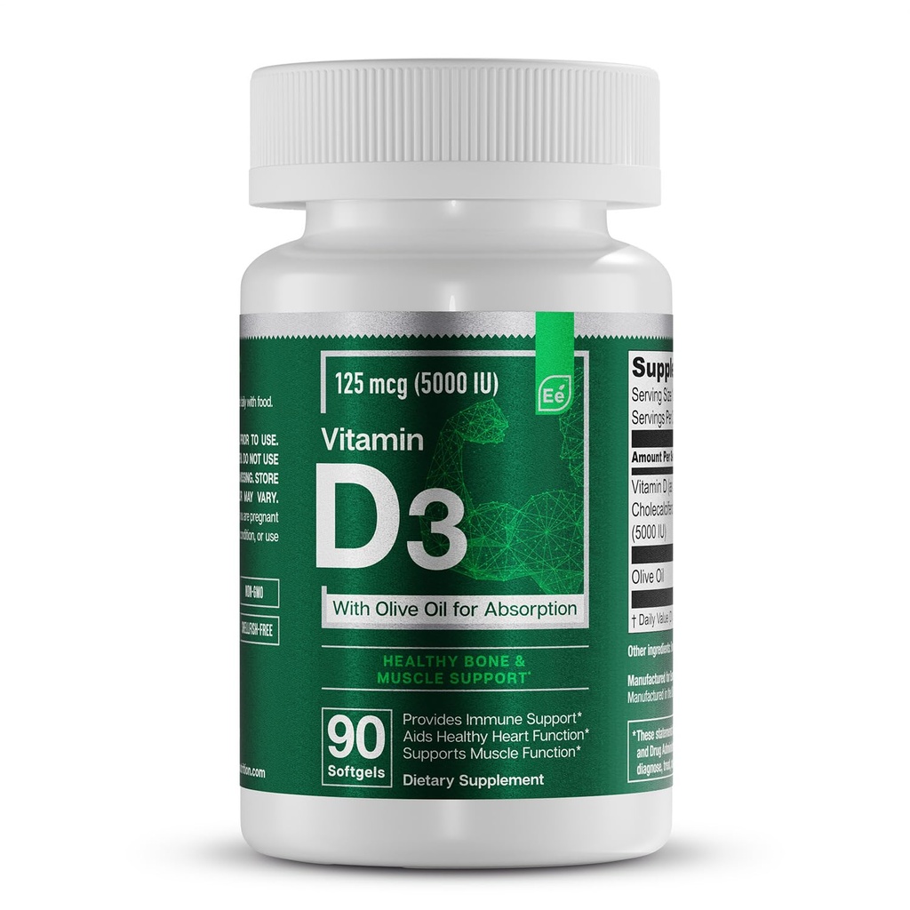 Væsentlige elementer D3 Vitaminer 5000 IE Softgel med olivenolie til ben, muskel, & immunforsvar