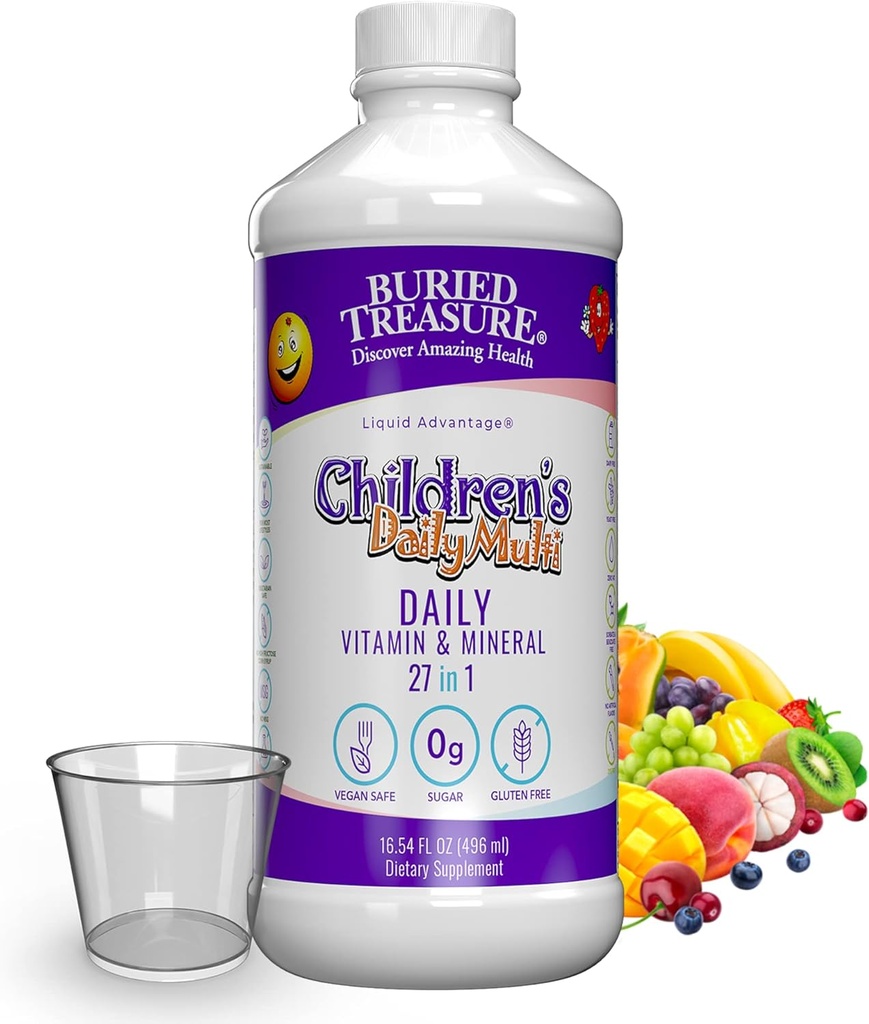 Buried Treasure Children's Daily Multi Liquid Multivitamin & Minerals Nutritional Dietary Vegan Supplement for Kids No Artificial Ingredients Non-GMO Natural Fruit Flavors, 16 oz w/Dose Cup