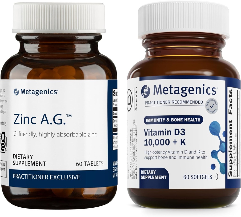 Metagenics Bundle - Zink A.G. & D3 10.000 + K - 60 tabletter Zink A.G. til immunforsvar, Knoglesundhed, energimetabolisme - 60 softgels af D3 10.000 + K til immunforsvar, hjertesygdomme