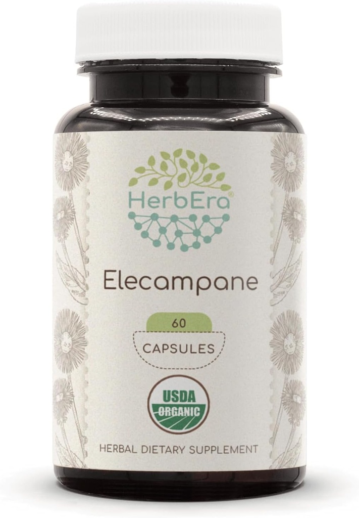 HerbEra Elecampane 60 USDA Organic Capsules, 500 mg, Lavet med Elecampane (Inula Helenium) Tørret rod (60 kapsler)