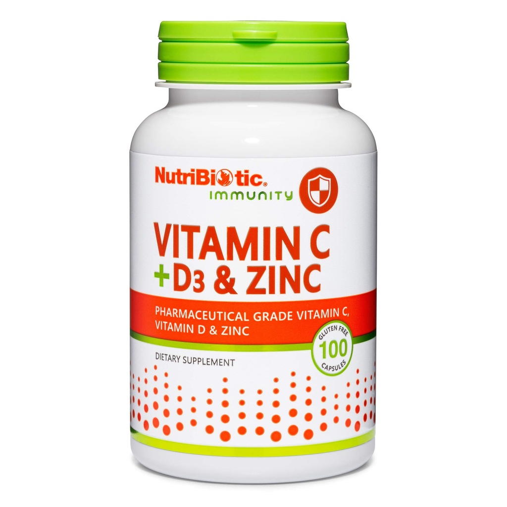 NutriBiotic - C-vitamin + vitamin D3 & Zink, 100 Kapsler; 124; Potent, Omfattende immunsupport124; Essential & Antioxidant Daily Supplemented 124; Gluten & GMO Free