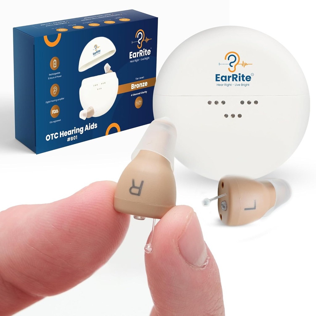 EarRite Genopladelige OTC-høreapparater til seniorer - Næsten usynlig & Komfortabel 9 Justerbare niveauer af Clarity Compact In- Ear Design Digital Høreforstærker med støjreduktion og opladning sag