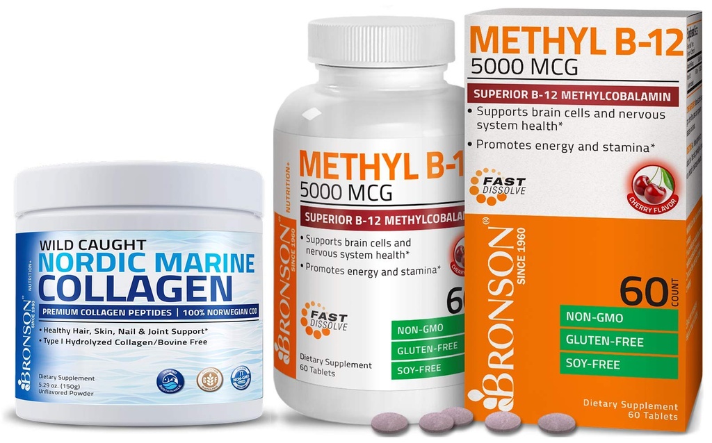 Bronson Marine Collagen Peptider Hydrolyseret protein pulver + methyl B12 5000 mcg vitamin B12 Methylcobalamin