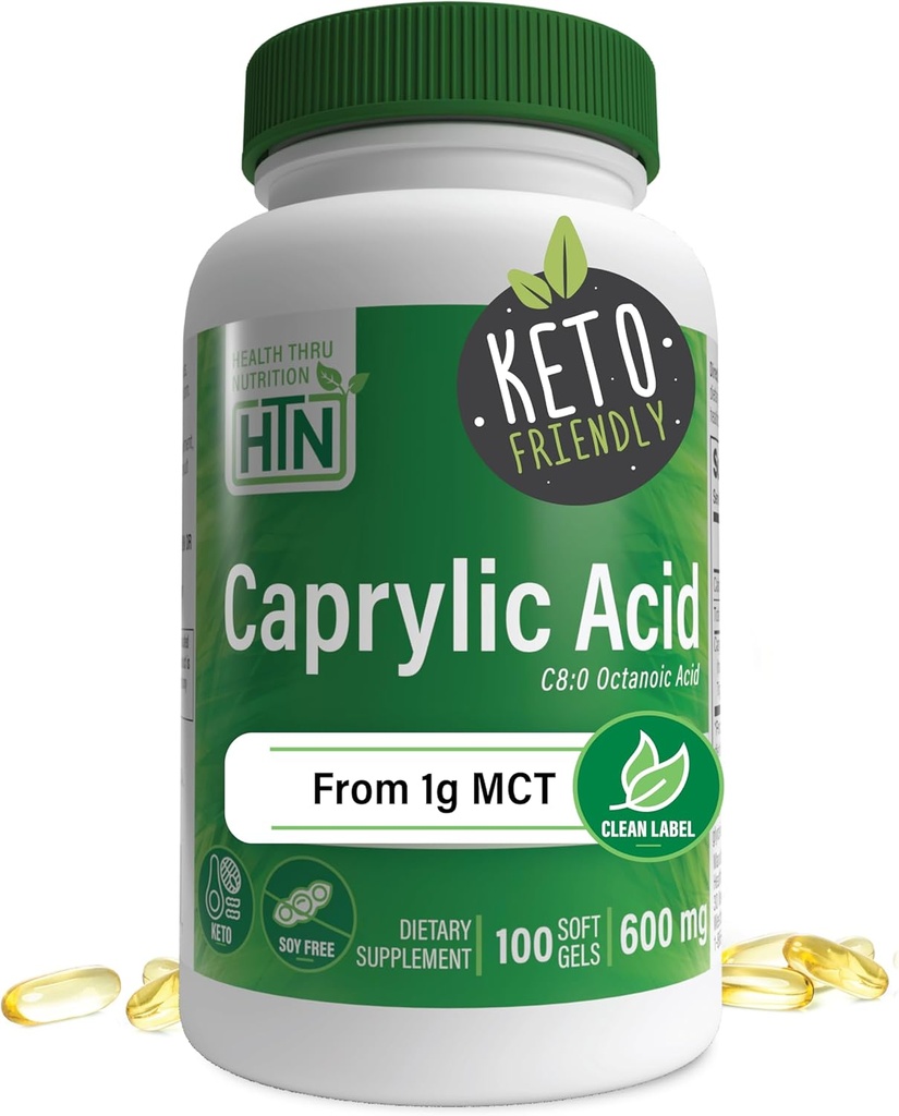 Health Thru Nutrition Captac Acid 600mg 100 Softgels - 124; C8 Octanoic Acid fra Pure 1g MCT Oil - 124; Non- GMO & Soy Free - 124; Support Sund fordøjelse og intestinal sundhed - 124; Keto Friendly