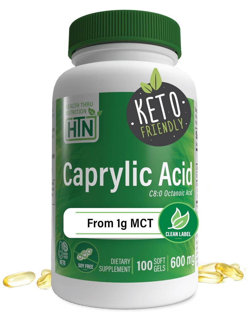 Health Thru Nutrition Captac Acid 600mg 100 Softgels - 124; C8 Octanoic Acid fra Pure 1g MCT Oil - 124; Non- GMO & Soy Free - 124; Support Sund fordøjelse og intestinal sundhed - 124; Keto Friendly