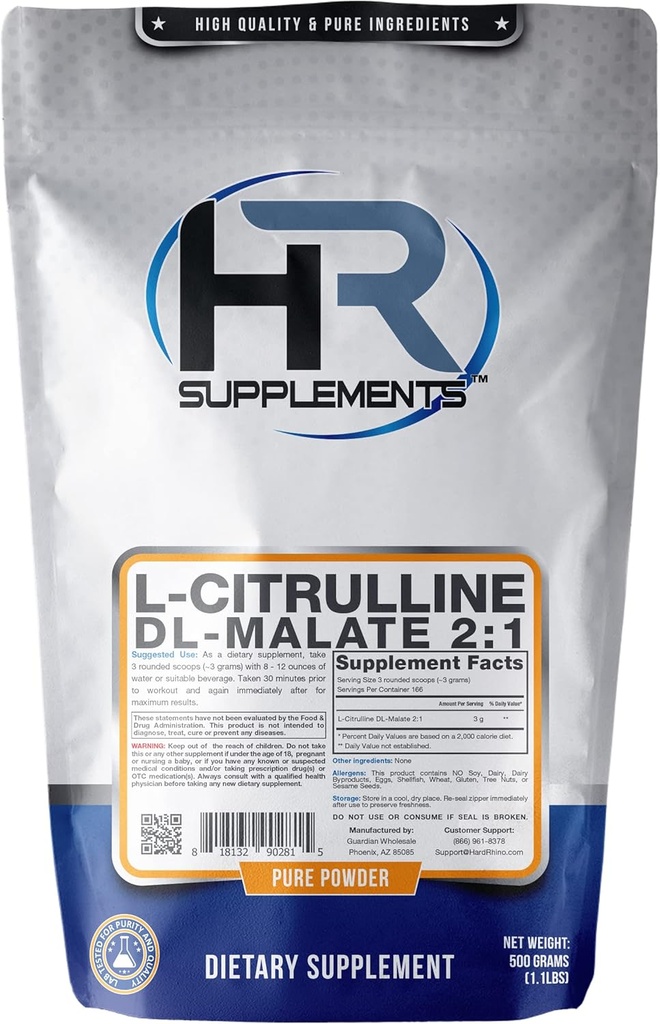 HR Kosttilskud L- Citrullin DL- Malate 2: 1 Pulver, 500 Bedste (1.1 Lbs), Unflavored, Lab- Testet, Scoop Inkluderet