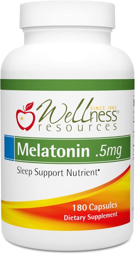 Wellness Resources 0,5 mg Melatonin kapsler - Natural Sleep Support - Gluten Free Sleep Aid, Konserveringsfri, Third- Party Testet, Ingen Tilføjet Sugars Dye Free, 180 Kapsler