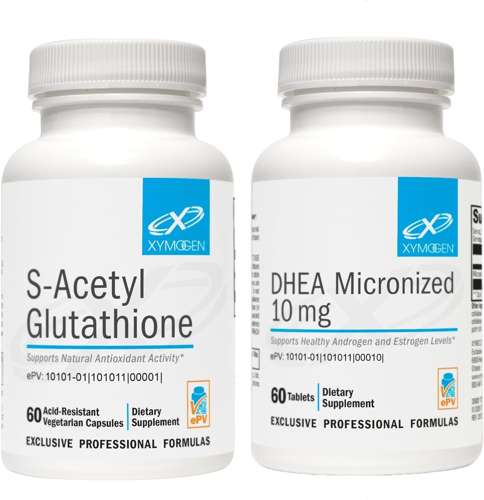 XYMOGEN DHEA 10mg (60 tabletter) + S Acetyl Glutathion (60 kapsler) 2- Piece Bundle - Mikroniseret DHEA + Superior Absorption Acetyleret Glutathion supplement til støtte sund aldring