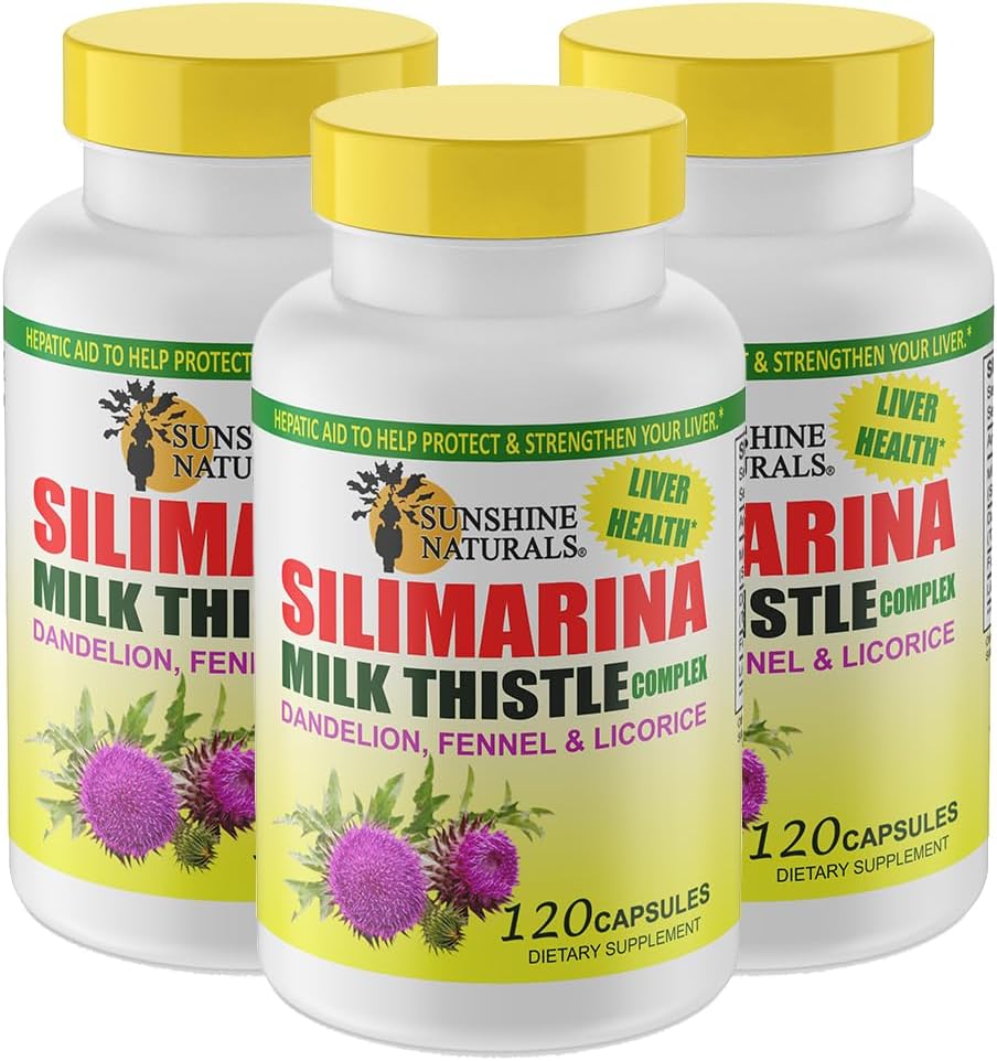 Sunshine Naturals Milk Thistle Complex. Leverstøtte, afgiftning, antioxidant forsvar, og naturlige lever funktion Enhancement. Fremmer fordøjelsessygdomme. 600 mg. 120 kapsler. Pakning med 3.