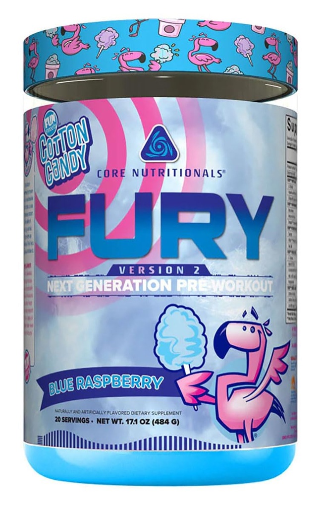Core Nutritionals Fury V2: Præ- workout pulver til at maksimere ydeevne i The Gym W / Zum- XR ® Koffein, L- CItrulin, og Alpha GPC (40 Scoops) (Fun Sweets ™ Blue Raspberry)