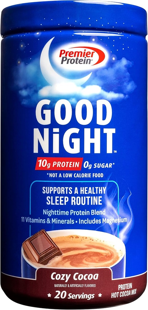 Premier Protein Good Night Protein Powder, Hot Cocoa Mix, 10g Protein, 0g Sukker, 11 Vitaminer & Mineraler, Nighttime Protein Blend, Magnesium, Zink, 20 Serve, 1 Tub